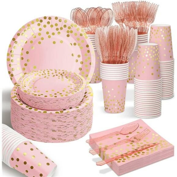 Pink Rose Gold Party Supplies Set for 25 Guests Plates Cups Napkins Cutlery - Picture 1 of 7